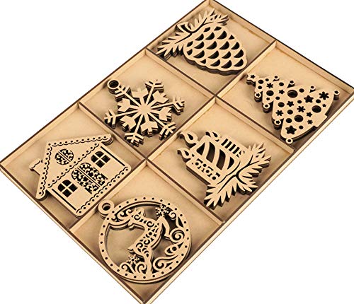 Inkdotpot 18pcs Wooden Christmas Ornaments, Unfinished Wooden Laser Cutouts Snowflakes/Tree Shaped Embellishments Hanging Ornament for Christmas Inkdotpot