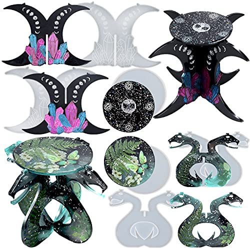 FUNSHOWCASE Witchy Altar Table Stool Epoxy Resin Casting Silicone Mold Pack of 2 Cresent Moon Crystal Snake FUNSHOWCASE
