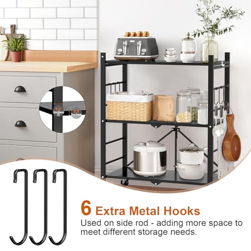Himix Storage Shelves with 6 Hooks, 3 Tier Foldable Shelf with Wheels, Metal Storage Shelving Unit Rolling Cart, Utility Shelf Rack Organization Himix