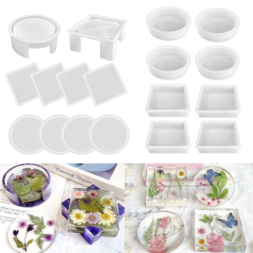 RESINWORLD 8 Pack Deep Round Square Coaster Molds + Upgrade 10 pcs Silicone Coaster Molds Kit Storage Box Mold ResinWorld