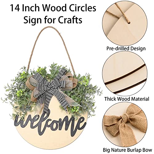 6 Pcs 14 Inch Wood Circles for Crafts Unfinished Wooden Slice Blank Round Wooden Door Hanger Sign Round Wooden Discs with Bows,Twine, Glue Point for AWIZOM