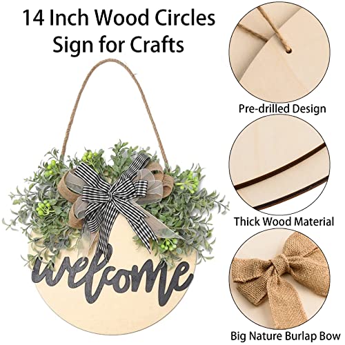 6 Pcs 14 Inch Wood Circles for Crafts Unfinished Wooden Slice Blank Round Wooden Door Hanger Sign Round Wooden Discs with Bows,Twine, Glue Point for