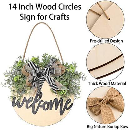 6 Pcs 14 Inch Wood Circles for Crafts Unfinished Wooden Slice Blank Round Wooden Door Hanger Sign Round Wooden Discs with Bows,Twine, Glue Point for