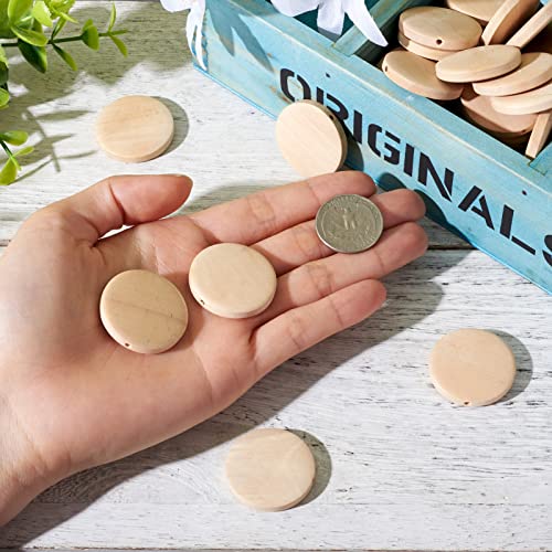 Craftdady 50Pcs Unfinished Natural Flat Round Wood Coin Beads Circle Round Wooden Slices Cutouts 1.18 Inch Unpainted Board Tags for Jewelry Craft