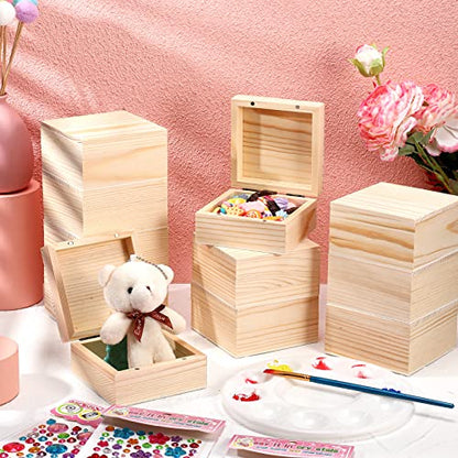 22 Pcs Unfinished Wood Box for Crafts with Magnetic Hinged Lid 3.5 x 3.5 x 2 Inch Wooden Square Paintable Box with 10 Pcs Paint Brushes 4 Sheets