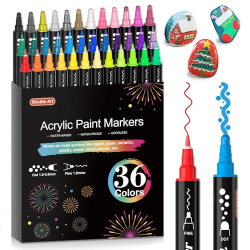 Shuttle Art 36 Colors Dual Tip Acrylic Paint Markers, Dot Tip and Fine Tip Acrylic Paint Pens for Rock Painting, Ceramic, Wood, Canvas, Plastic, Shuttle Art