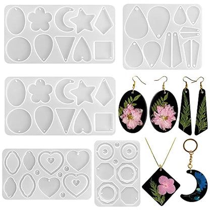 RESINWORLD 5 Pcs Large Resin Earrings Mold with Hole, Oval/Teardrop/Heart/Star/Moon Pendant Keychain Stud Earrings Silicone Molds for Resin Casting,
