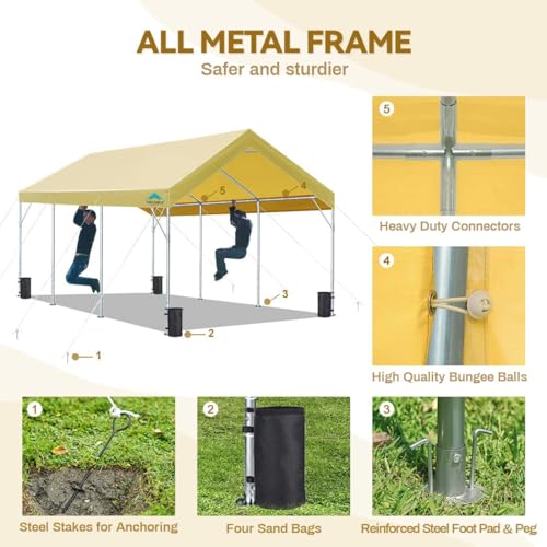 ADVANCE OUTDOOR 10x20 ft Heavy Duty Carport with Adjustable Height from 9.5ft to 11ft, Car Canopy Garage Shelter Boat Wedding Party Tent, Beige - WoodArtSupply