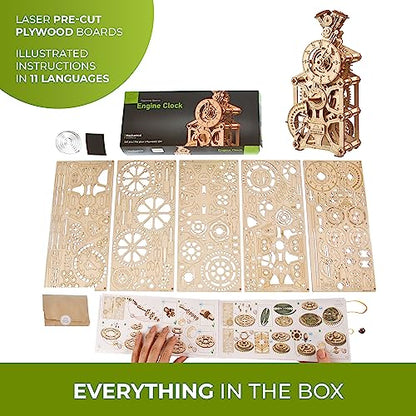 UGEARS Engine Clock 3D Puzzle - Wooden Model Kits for Adults – 3D Wooden Models to Build - DIY Mechanical Wooden Pendulum Clock Puzzle with Moving