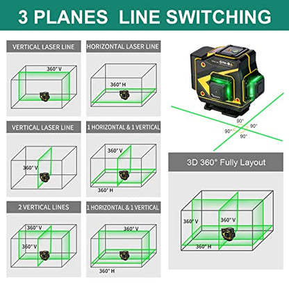 INSPIRITECH Tile Laser Level Self Leveling 3D Alignment Guide,3x360° Horizontal Vertical 12 Cross Lines, Green Beam Lazer Leveler Tool for Floor - WoodArtSupply