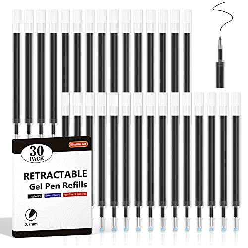 Retractable Gel Pen Refills, Shuttle Art 30 Pack Black Rollerball Gel Ink Pens Refills, Bulk Set, 0.7mm Fine Point for Writing Journaling Taking - WoodArtSupply