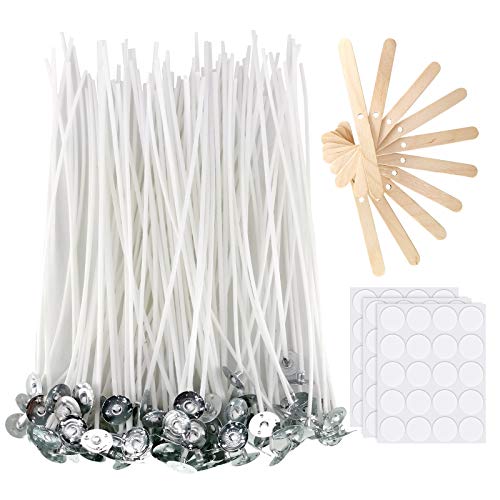 Candle Wicks 100 Pcs 6 inch with 30Pcs Candle Wick Stickers and 10 Pcs Wooden Candle Wick Centering Device for Soy Beeswax Candle Making and Candle AK1980