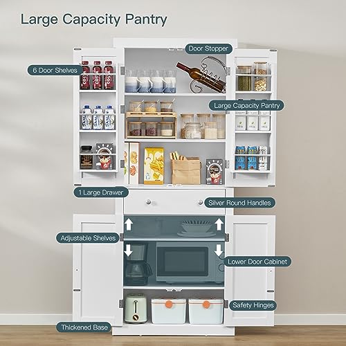 usikey 72” Kitchen Pantry Cabinet, Tall Storage Cabinet with 4 Doors and 1 Drawer, Freestanding Cupboard with 6 Hanging Shelves and Adjustable - WoodArtSupply