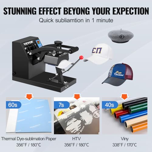 VEVOR Hat Press Machine 3.5X5.9 Inch Cap Press Heat Press Machine Professional Transfer Hat Press with 12000 Hours Life Digital LCD Timer and