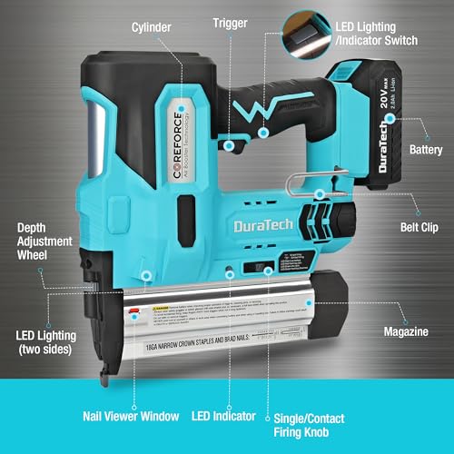 DURATECH 20V Cordless Brad Nailer, 18 Gauge, 2-in-1 Nail/Staple Gun for Upholstery, Carpentry, Including 2.0Ah Rechargeable Battery, 1H Quick