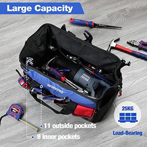 WORKPRO Tool Bag, 18 Inch Tool Bag with Waterproof Molded Base, Open Top Tool Organizer Bag with 20 Pockets, Adjustable Shoulder Strap WORKPRO