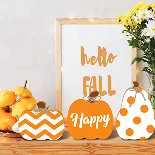 Whaline 6Pcs Fall Pumpkin Wooden Cutouts with Ropes 3 Design Unfinished Pumpkin Shaped Table Wooden Signs for Fall Thanksgiving Halloween Tiered Tray Whaline