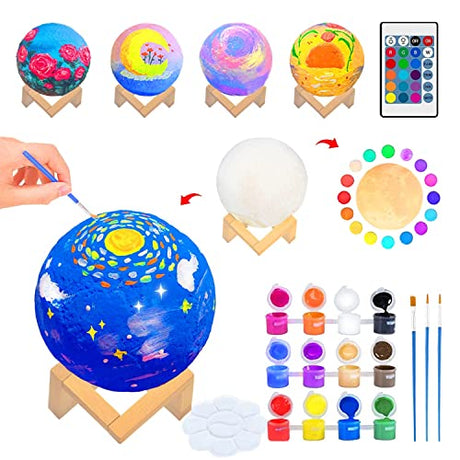 Moon Lamp Night Light Arts and Crafts for Kids Ages 4-8 8-12, Paint Your Own Moon Lamp Kit, 16 Colors, Rechargeable, Remote/Touch Control, Painting Retruth