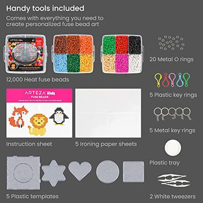 ARTEZA Kids Heat Fuse Beads, 12,000 Iron Beads, 12 Colors, 35 Animal-Themed Designs, 5 Templates, 10 Key Rings, Kids Activities and Craft Supplies - WoodArtSupply