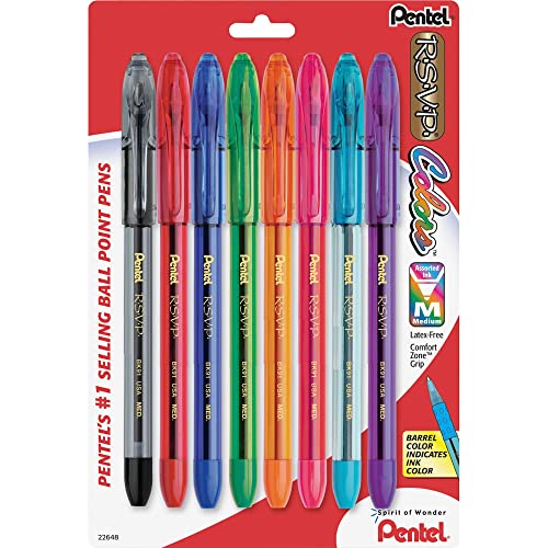 Pentel® R.S.V.P.® Ballpoint Pens, Medium Point, 1.0 mm, Clear Barrel, Assorted Ink Colors, Pack Of 8 - WoodArtSupply