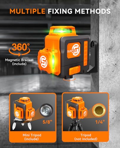 SUNPOW Laser Level 3x360° Self Leveling, Green Beam Cross Line Laser Level Tool for Construction & Picture Hanging - Build-in Li-ion Battery, Type-C SUNPOW