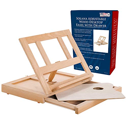 U.S. Art Supply Solana Adjustable Wood Desk Table Easel with Storage Drawer, Paint Palette, Premium Beechwood - Portable Wooden Artist Desktop, Board U.S. Art Supply