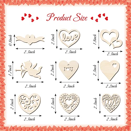 45 Pieces Valentine Wooden Cutouts Wood Heart Cutouts Ornaments Unfinished Heart Wood Slices Wood Cupid Shape Slices with 45 Pieces Hemp Rope for