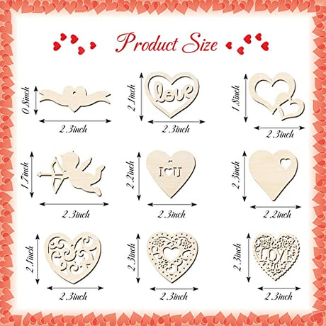 45 Pieces Valentine Wooden Cutouts Wood Heart Cutouts Ornaments Unfinished Heart Wood Slices Wood Cupid Shape Slices with 45 Pieces Hemp Rope for Maitys