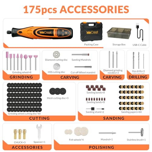 WECREAT Rotary Tool, 5-Speed Engraving Pen and Cordless USB Charging Rotary Tool Kit with 175 Accessories