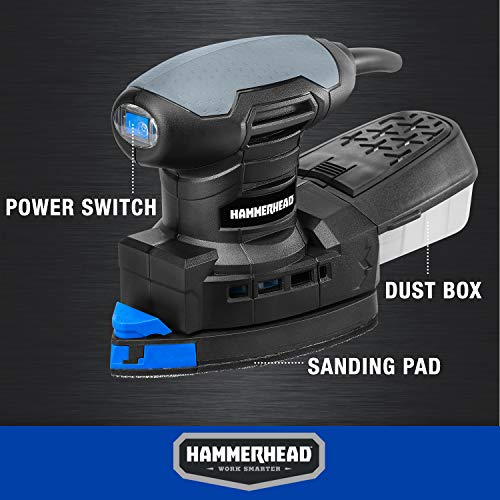 Hammerhead 1.4-Amp Multi-Function Detail Sander with 12pcs Sandpaper, Dust Collection System, and Detail Attachment - HADS014 Hammerhead