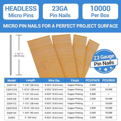 meite 23 Gauge Pin Nails, 1-3/4-Inch Micro Headless Pins for Pin Nailer - Copper Plated Pins Nails for Nail Gun, Ideal for Fine Woodworking and Trim - WoodArtSupply