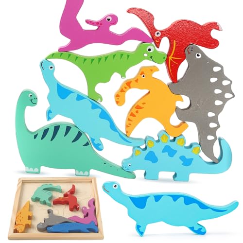 LovesTown 12PCS Stacking Dinosaur Puzzles, Preschool Wooden Dinosaur Toys Chunky Jigsaw Puzzles for Birthday Gift Kids Age 2 3 4 5 - WoodArtSupply