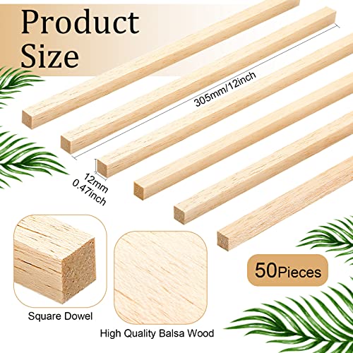 50 Pieces Balsa Wood Sticks 1/2 x 1/2 x 12 Inch Hardwood Square Wooden Dowels Unfinished Wood Sticks for Craft DIY Supplies DIY Molding Projects - WoodArtSupply