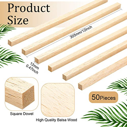 50 Pieces Balsa Wood Sticks 1/2 x 1/2 x 12 Inch Hardwood Square Wooden Dowels Unfinished Wood Sticks for Craft DIY Supplies DIY Molding Projects