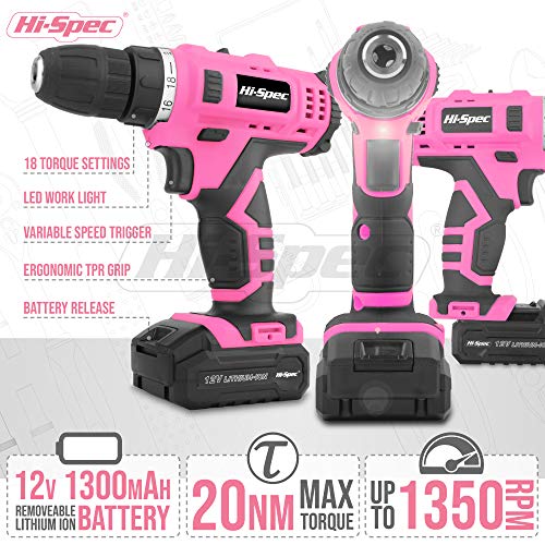 Hi-Spec 50 Piece 12V Pink Drill Driver & Multi Bit Set. High Speed Cordless & Rechargeable Electric Power Screwdriver & Drill for Household DIY. - WoodArtSupply