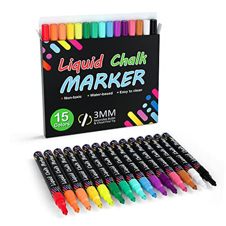Shuttle Art Chalk Markers, 15 Vibrant Colors Liquid Chalk Markers Pens for Chalkboards, Windows, Glass, Cars, Water-based, Erasable, Reversible 3mm Shuttle Art