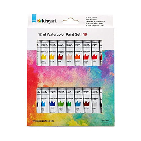 KINGART Studio Watercolor Paint, 12ml (.4oz), Set of 18 Colors KINGART