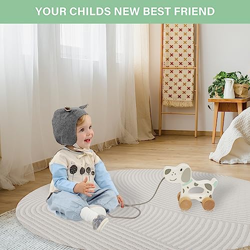 WoodenEdu Baby Toys Car,Wooden Pull Along Toddler Toy, Developmental Toy for 1 Year Old Girl Boy Birthday Gift (Dog) WoodenEdu