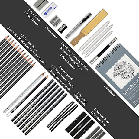Brusarth 42 Pack Drawing Set Sketching Kit, Pro Art Sketch Supplies with Sketchbook, Include Graphite Pencil, Charcoal Pencil, Sharpener, Eraser Art Brusarth