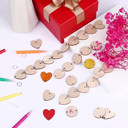 KOYILTD 200 Pieces in Total Wooden Circles Wooden Heart Tags with Holes,Wood Craft Set with Holes and Ring Clips for Birthday Board, Valentine, Chore