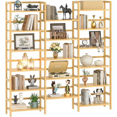 Homykic 6-Tier Triple Wide Bamboo Bookshelf with 17 Open Shelves – 6ft Tall Freestanding Bookcase for Home and Office