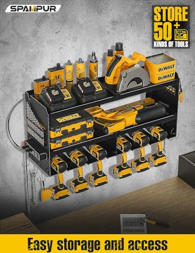 Spampur Power Tool Organizer Wall Mount with Charging Station, Garage Tool Shelf 6 Drill Holders, Tool Battery Holder with Screwdriver Heavy Duty Spampur