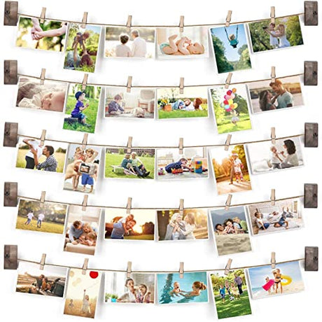 Emfogo Hanging Photo Display, Wood Picture Photo Frame for Wall DIY Decor 5 Strings with 30 Clips, Adjustable Twines fit Multi Pictures Frames Emfogo