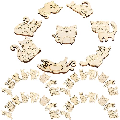 ibasenice 50pcs Unfinished Wooden Cat Cutouts Wood Discs Slices Blank Cat Animal Shaped Disc for Home DIY Handicraft Birthday Party Small Cat Party