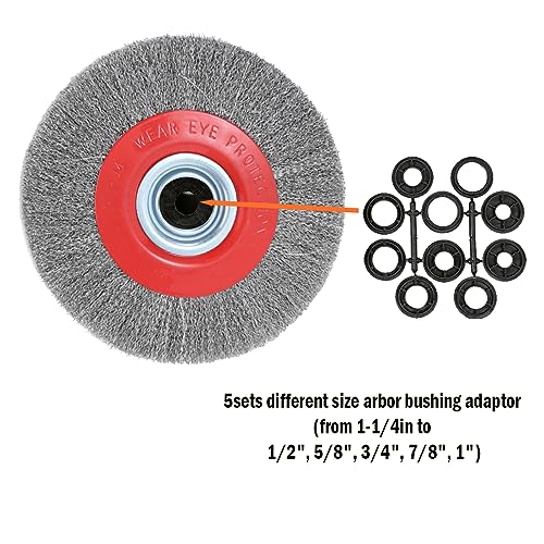 OSFTBVT 8in Bench Wire Wheel Brush for Bench Grinder Coarse Crimped Steel Wire 0.012" with 1/2" 5/8" 3/4" 7/8" 1"(5sets) Spacer Arbors - 2pack OSFTBVT