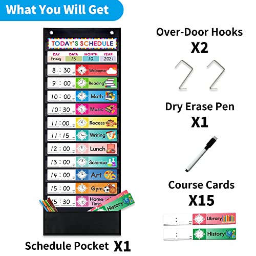 Amzoya Daily Schedule Pocket Chart. Kids Schedule Pocket Chart with 15 Dry-Eraser Cards. 13+1 Pockets. Schedule Pocket Chart for Classroom & Home - WoodArtSupply