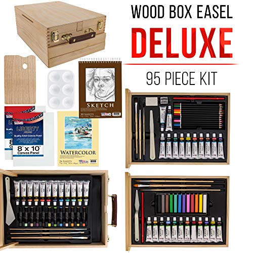 U.S. Art Supply 95 Piece Wood Box Easel Painting Set - Oil, Acrylic, Watercolor Paint Colors and Painting Brushes, Oil Artist Pastels, Pencils - - WoodArtSupply