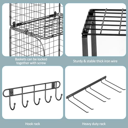 ThreeHio Garage Shelf Wall Mounted with Wire baskets, Heavy Duty Garage Wall Shelving with Garden Tool Rack and Hooks, Wire Shelf Baskets Tool - WoodArtSupply