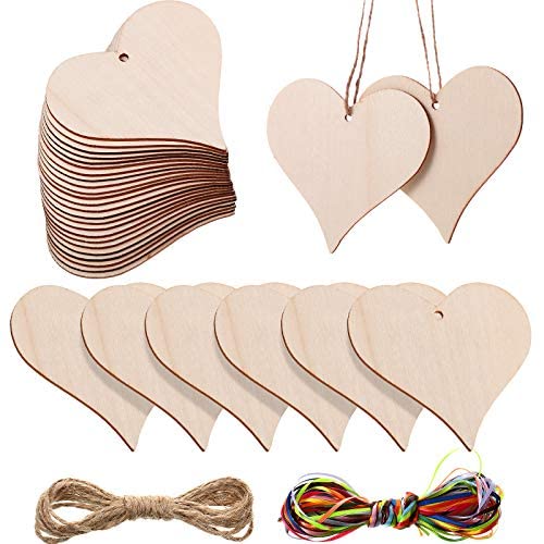 24 Pieces 4 Inch Natural Handmade Blank Wooden Heart Slices with Holes with 2m Natural Rope and 15 Colors 3 mm High Density Polyester Ribbon for Jetec