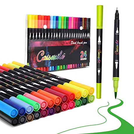CAISEXILE 24 Colors Duo Tip Pen Art Markers, Artist Fine & Brush Tip Marker Coloring Markers for Adult Coloring Book Journaling Note Taking Lettering CAISEXILE